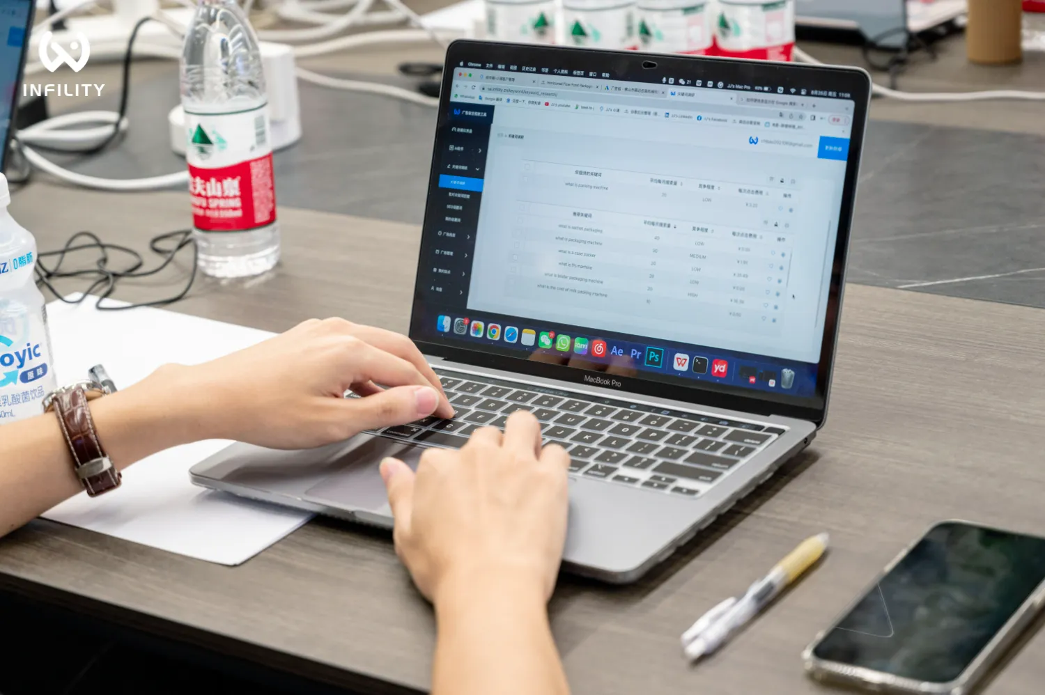 双手在MacBook上操作，屏幕显示包装机械关键词的搜索量、竞争度及单次点击费用等数据分析表格，桌面摆放着矿泉水与手机。