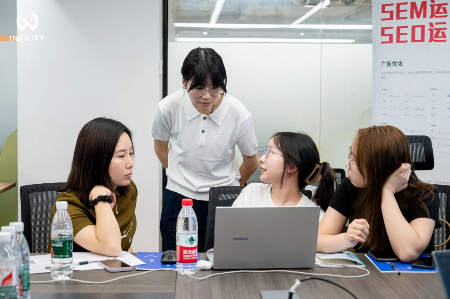 四位职场女性在会议室围坐长桌，围绕笔记本电脑热烈讨论SEM与SEO广告优化策略，背景展板清晰展示数据图表