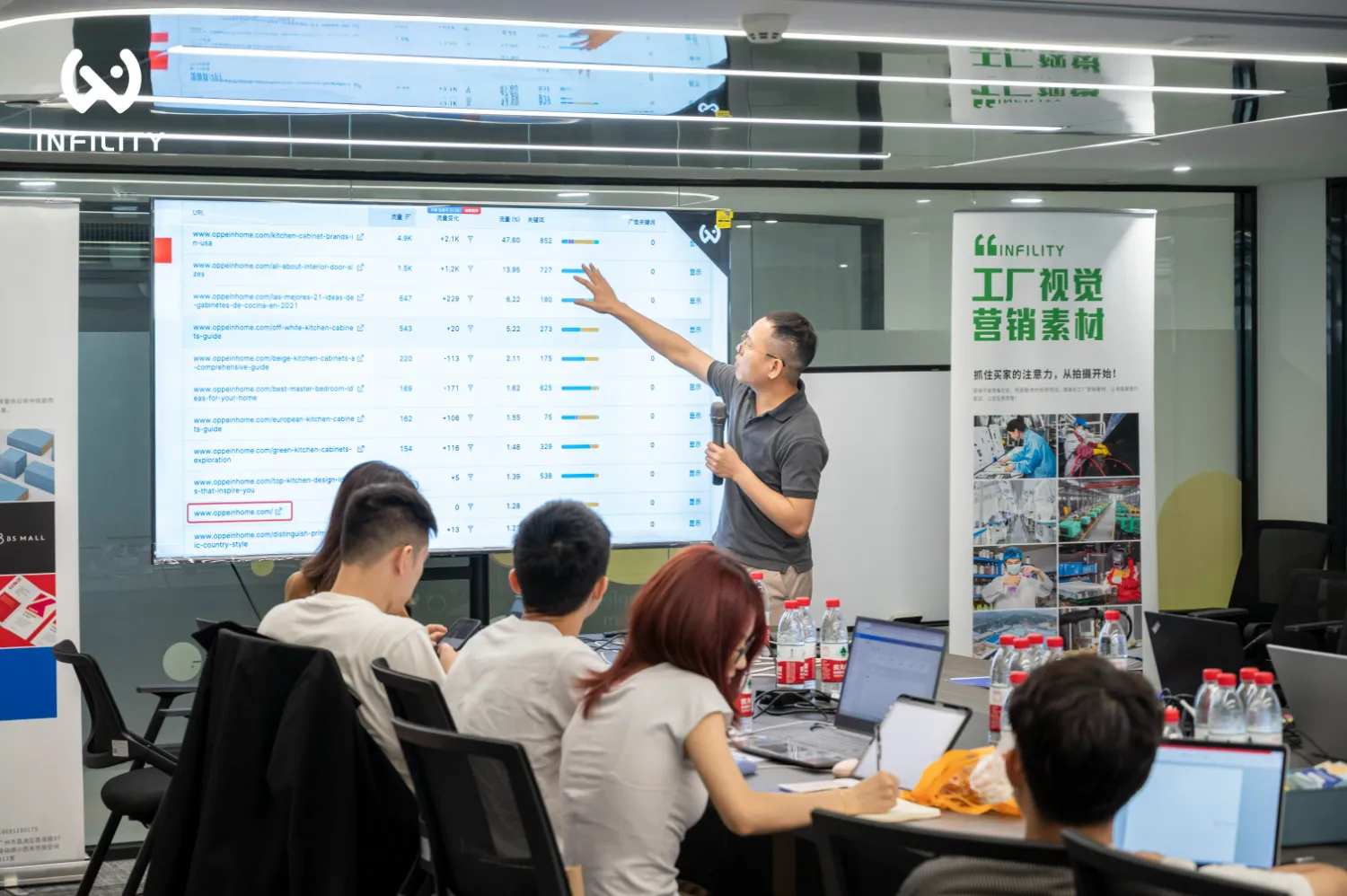 会议室中讲师正指向大屏幕讲解营销数据，背景立牌展示工厂视觉营销素材，与会员工使用电脑认真听讲记录