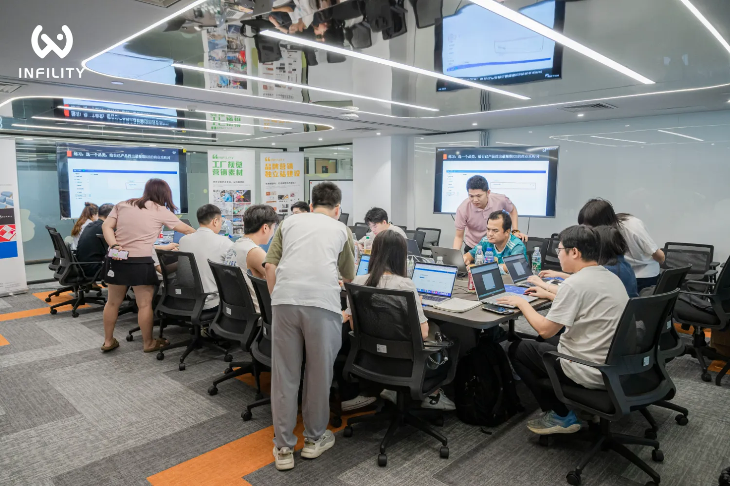 INFILITY品牌独立站建设与视觉营销培训现场，学员们围坐使用电脑进行实操，讲师在一旁指导。